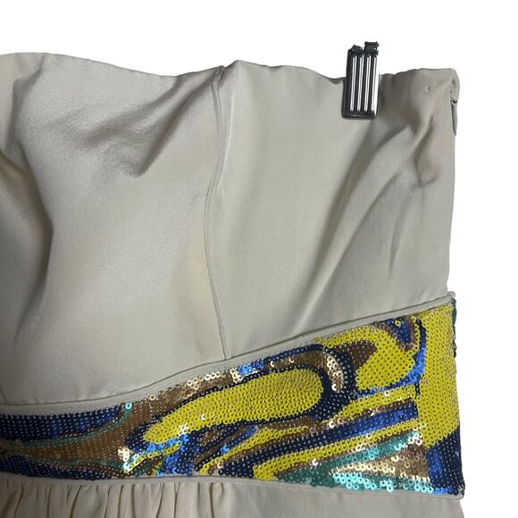 Tibi Ivory Cream Strapless Sleeveless Sequined Waist Mini Dress Size 12 - Picture 3 of 11